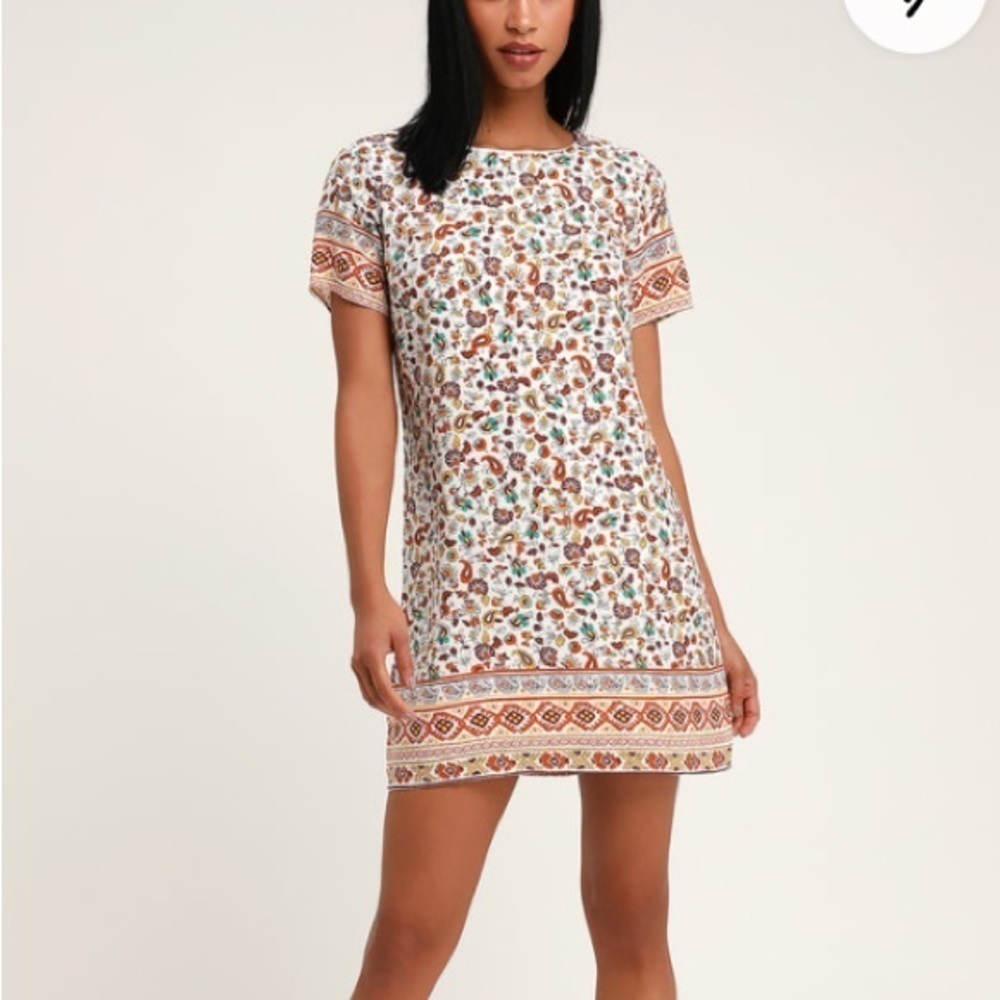 Lulus Women S White Floral Boho Crew Neck Lined Short Sleeve Nikolai Shift Dress